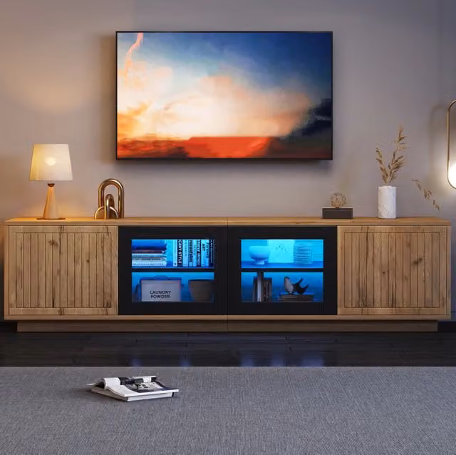 Mobile TV freestanding MODFU con luci LED integrate e vetro temperato, colore marrone e nero, L/P/H: 180 x 40 x 45 cm