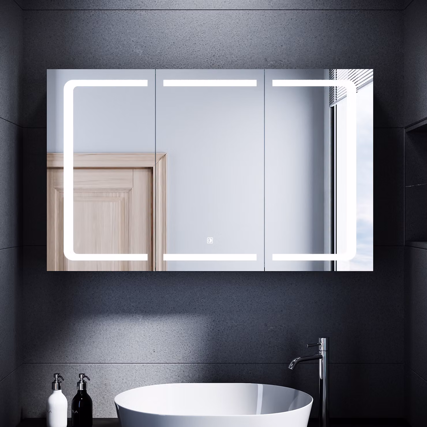 SONNI Armadio a specchio in acciaio inox con ripiano e illuminazione, mobile da bagno a 3 ante, con presa per rasoio 105x65x13cm