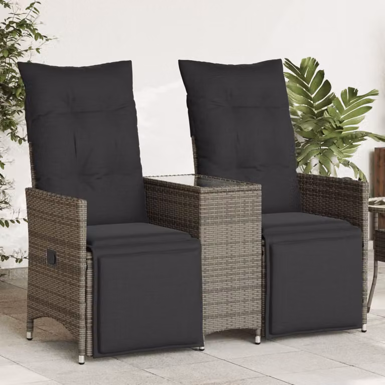 vidaXL Divano da Giardino Reclinabile a 2 Posti in Polyrattan Grigio con Cuscini e Tavolino