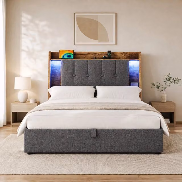 Letto imbottito 90x200 cm in lino e MDF grigio con vano contenitore; LED; USB e Type-C
