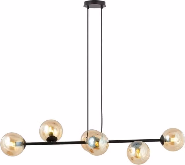 Lampadario Contemporaneo 6 Luci Su Acciaio Nero E Sfere In Vetro Ambra