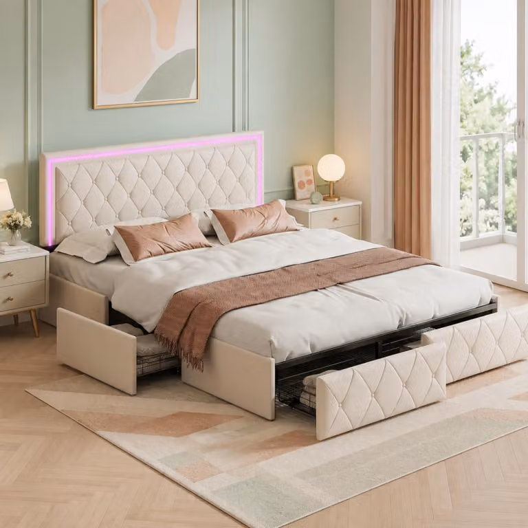 Letto imbottito matrimoniale INONEFT, 140x200 cm, con contenitore e 4 cassetti, struttura letto per ragazzi con rete a doghe, poggiatesta regolabile con LED, rivestito in PU, colore beige