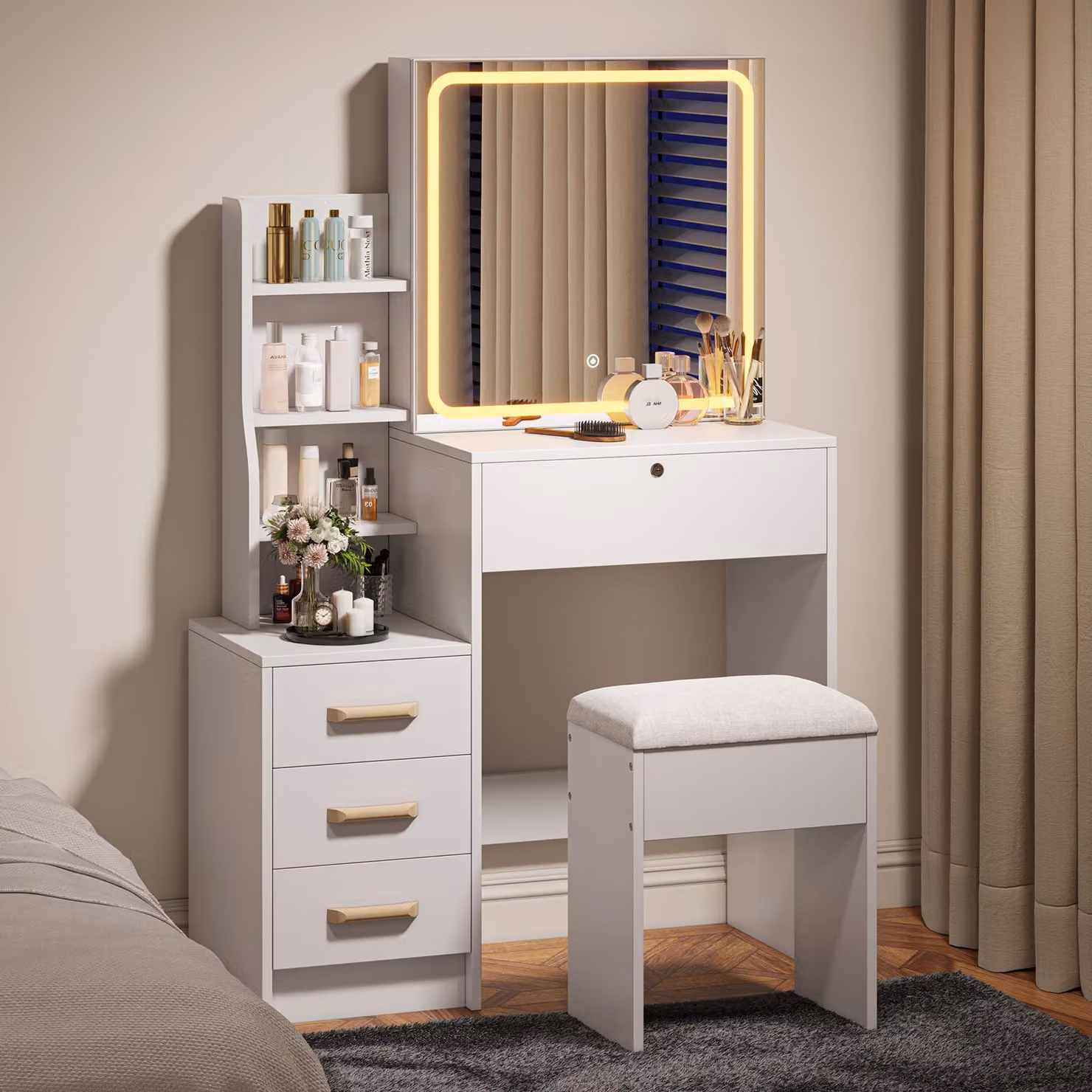 Tavolino da trucco bianco UnboxG con specchio illuminato a LED e sgabello, tavolino cosmetico con 4 cassetti e ripiani aperti, ideale per camera da letto e cabina armadio