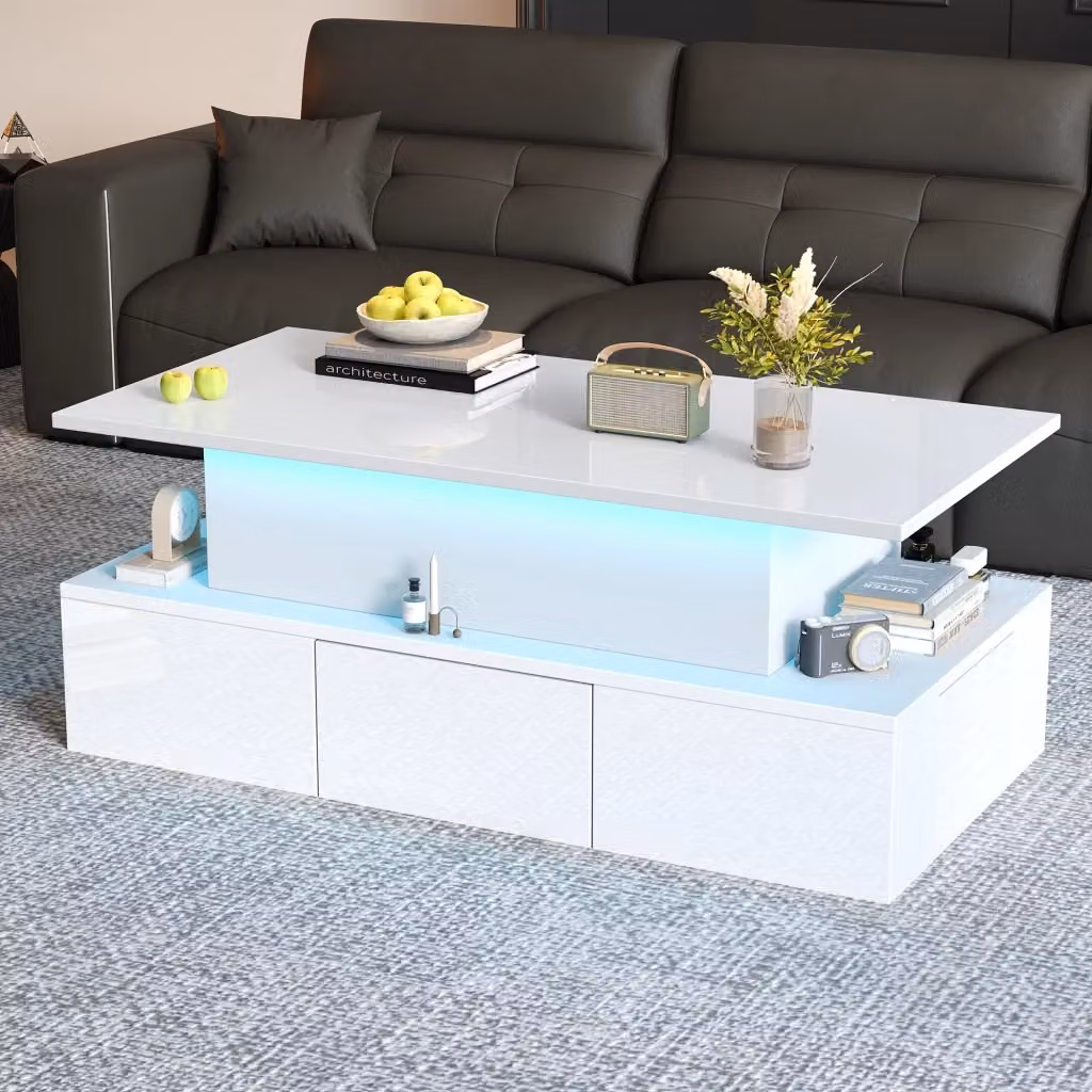 Tavolino Alzabile REDOM Bianco Lucido in MDF con Meccanismo Regolabile in Altezza L/P/H: 100 x 50 x 40 cm – 2