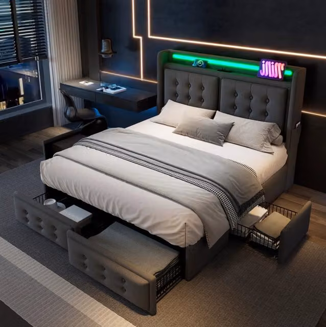Letto matrimoniale ULEVR 180x200 cm con LED, USB e Type-C, 4 cassetti, testiera in cotone-lino grigio