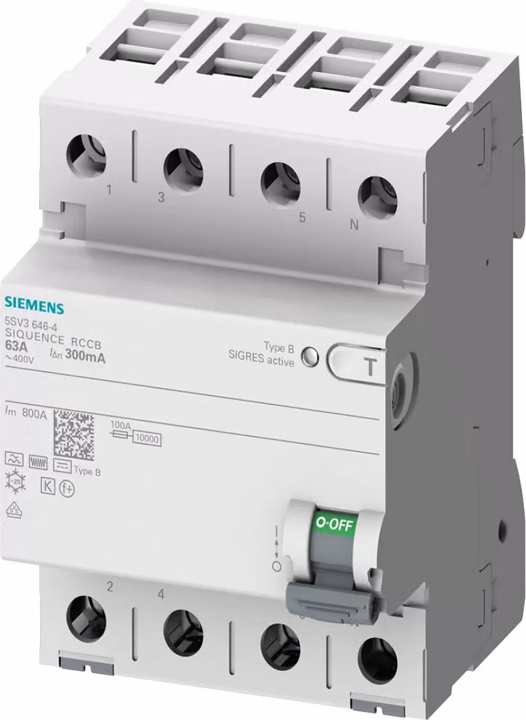 Interruttore differenziale Siemens, a 4 poli, tipo B, selettivo, corrente nominale: 80 A, corrente nominale di intervento: 300 mA, tensione nominale CA: 400 V 5SV36475