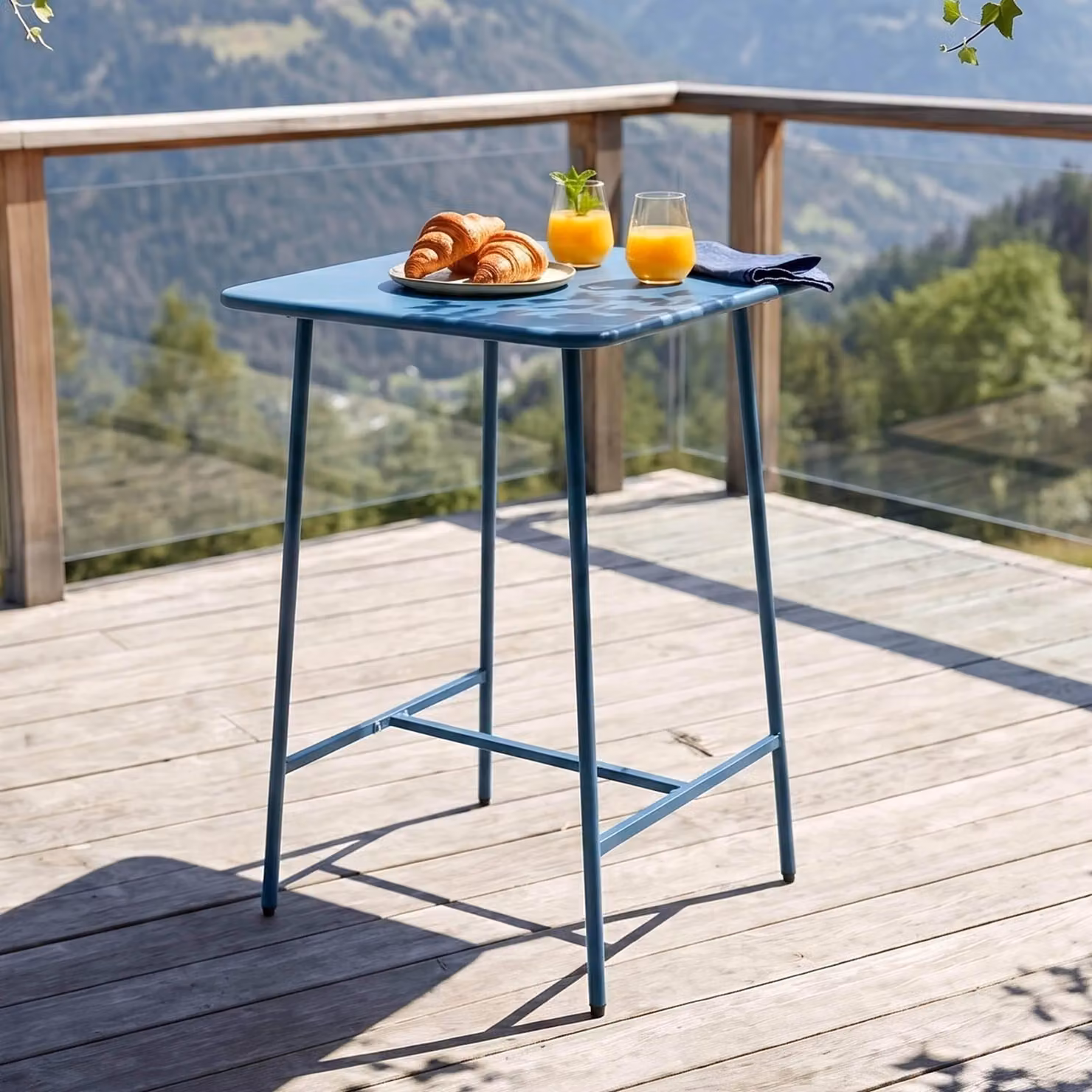Tavolo alto da giardino quadrato in acciaio blu pacifico - Oviala Palavas
