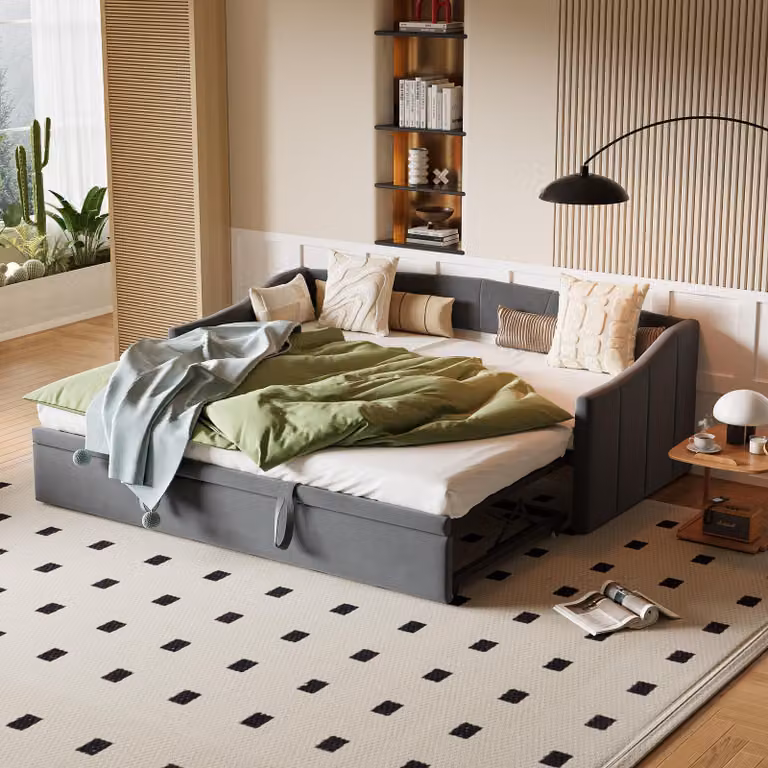 Divano letto ProximaX 90x200 cm in velluto grigio, divano letto 3 in 1, divano letto estraibile con cassetto portaoggetti