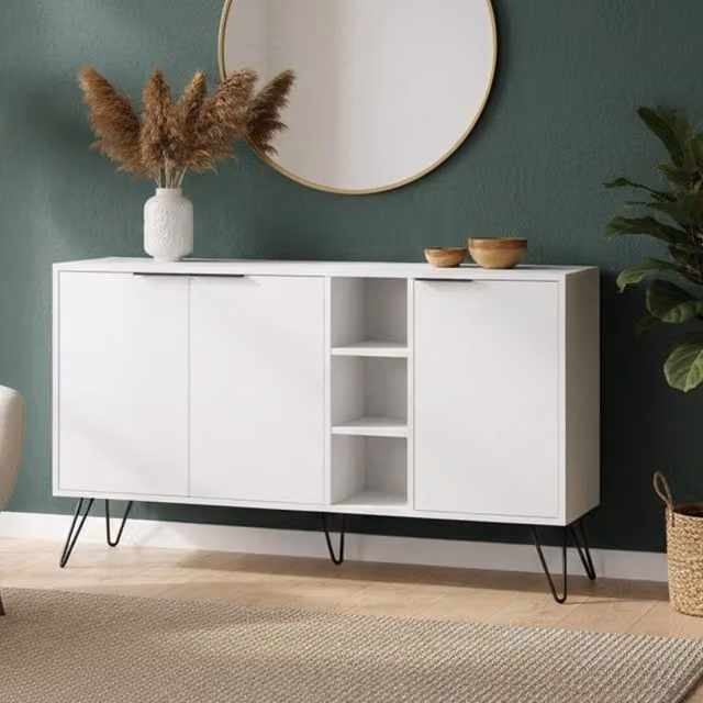 Credenza Alin DMORA, Buffet e Madia da Soggiorno o Cucina, Bianco, L: 142 cm, P: 35,6 cm, H: 83 cm