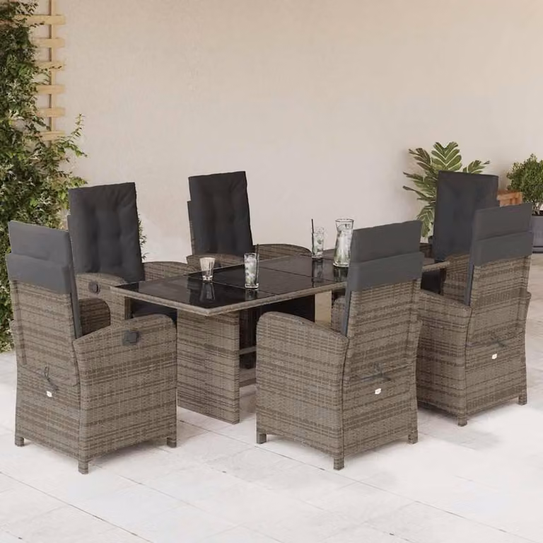 vidaXL Set da Pranzo da Giardino 7 pz in Polyrattan Grigio e Nero con Piano in Vetro