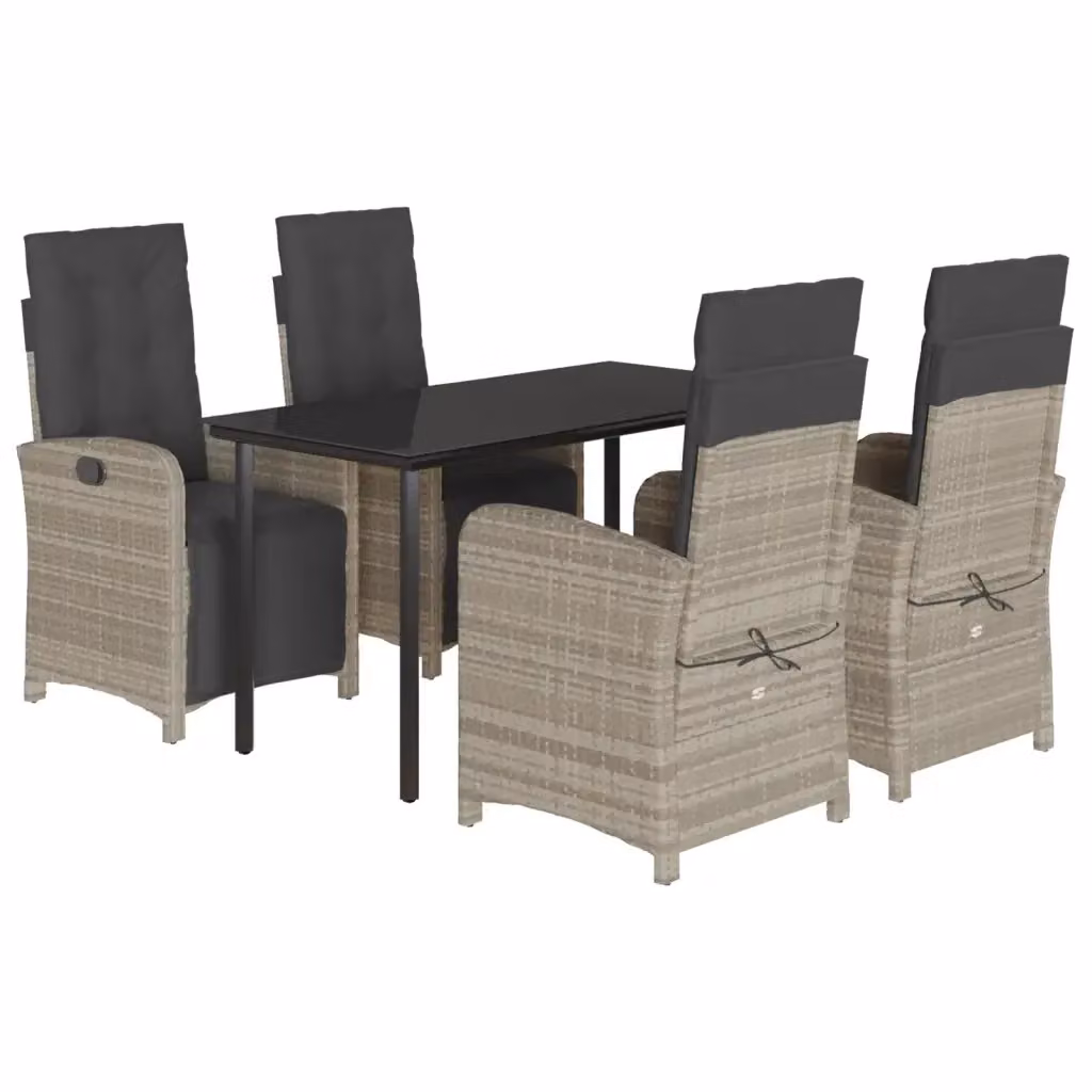 Set Pranzo da Giardino vidaXL in Polyrattan con Cuscini e Tavolo in Vetro, 5 Pezzi, Grigio e Nero – 2