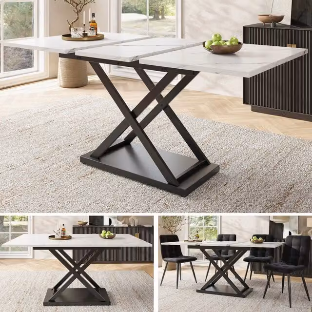 Tavolo da pranzo allungabile telescopico 120-160x80 cm, piano bianco marmorizzato, gambe incrociate nere in ferro, salvaspazio per cucina e soggiorno