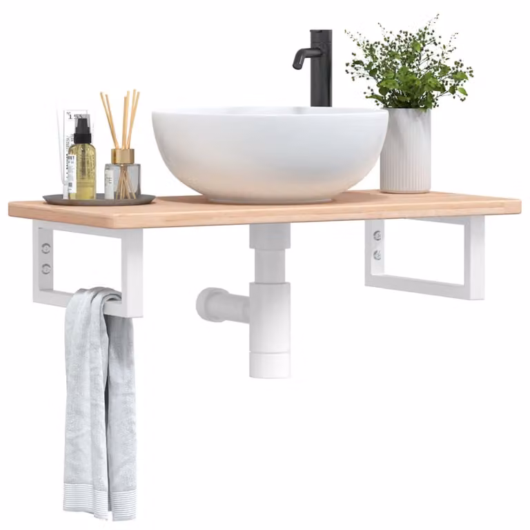 vidaXL Ripiano a Parete per Lavabo in Acciaio e Rovere Massello, Colore Bianco e Marrone