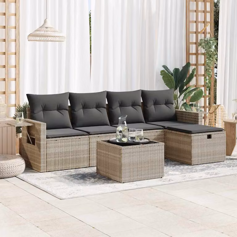Set Divano da Giardino vidaXL a Forma di L in Polyrattan Grigio con 6 Pezzi e Cuscini Imbottiti