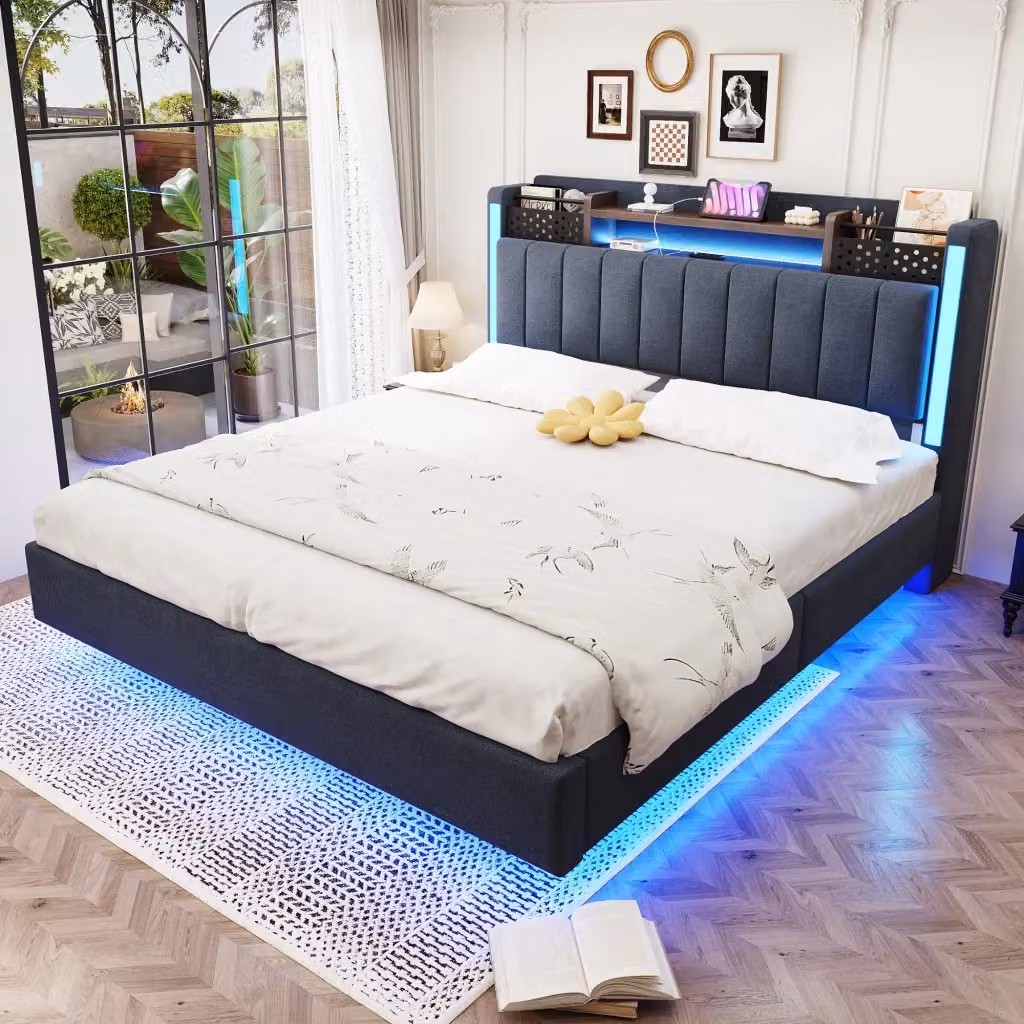 Letto matrimoniale imbottito WISHDOR grigio con illuminazione LED, porte USB e contenitore nella testiera, L/P/H: 140 x 200 x 111 cm – 2