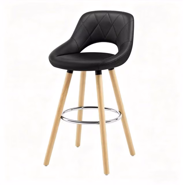 Sgabello da Bar in Legno Massello con Seduta in Ecopelle, Altezza 68 cm, Nero