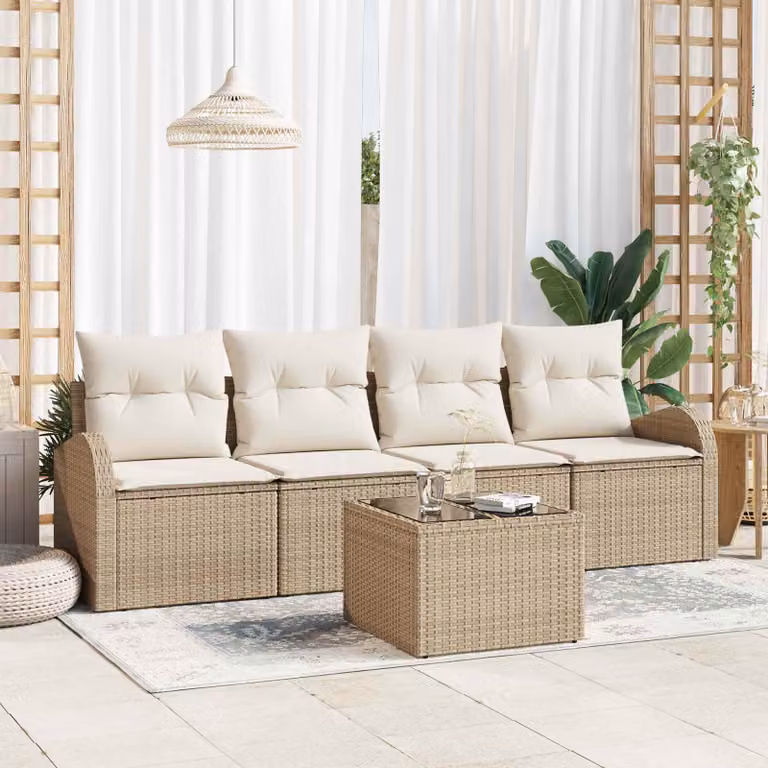 Set Divano da Giardino vidaXL 5 Pezzi con Tavolino, Beige e Bianco, Struttura in Metallo e Polyrattan con Cuscini Imbottiti