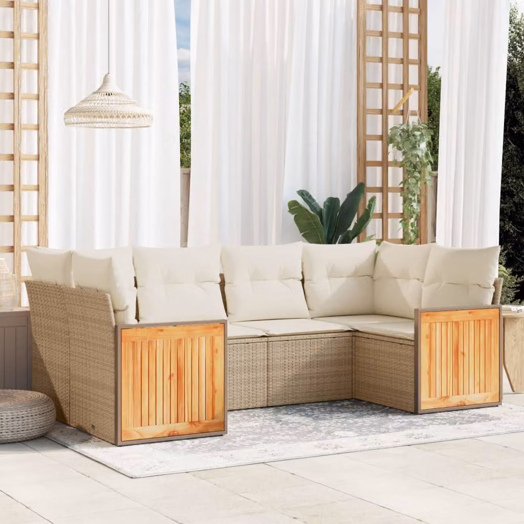 vidaXL Set Divano da Giardino a L 6 pz in Polyrattan e Legno di Acacia con Cuscini Beige e Rivestimenti Rimovibili – 1