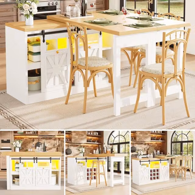Tavolo da pranzo multifunzionale con credenza laterale, bianco, design moderno salvaspazio per cucina e sala da pranzo, rotazione 360°, sistema luci smart