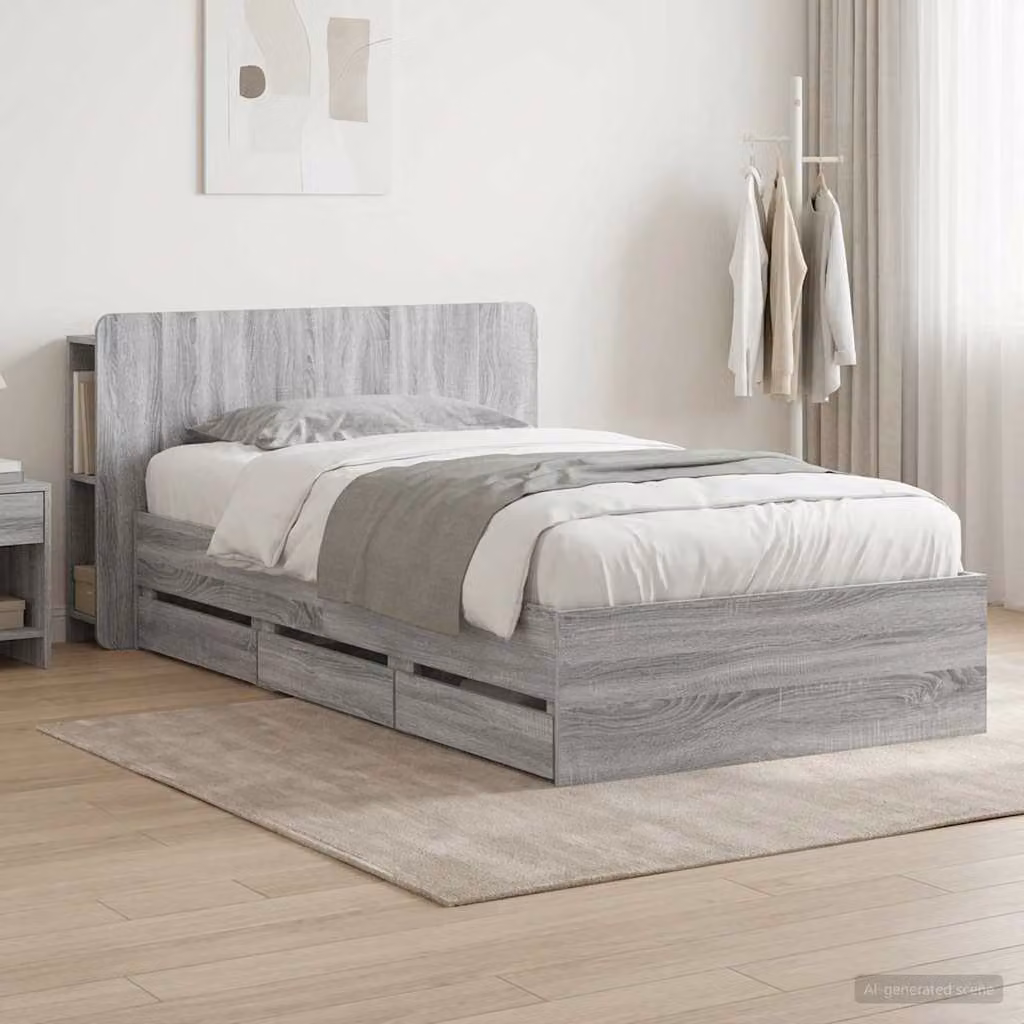 Struttura letto con contenitore e testata vidaXL in legno Sonoma grigio L/P/H: 221.5 x 140.0 x 119.5 cm