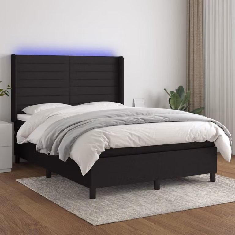 The Living Store Letto a molle con materasso e LED nero 140x190 cm in tessuto