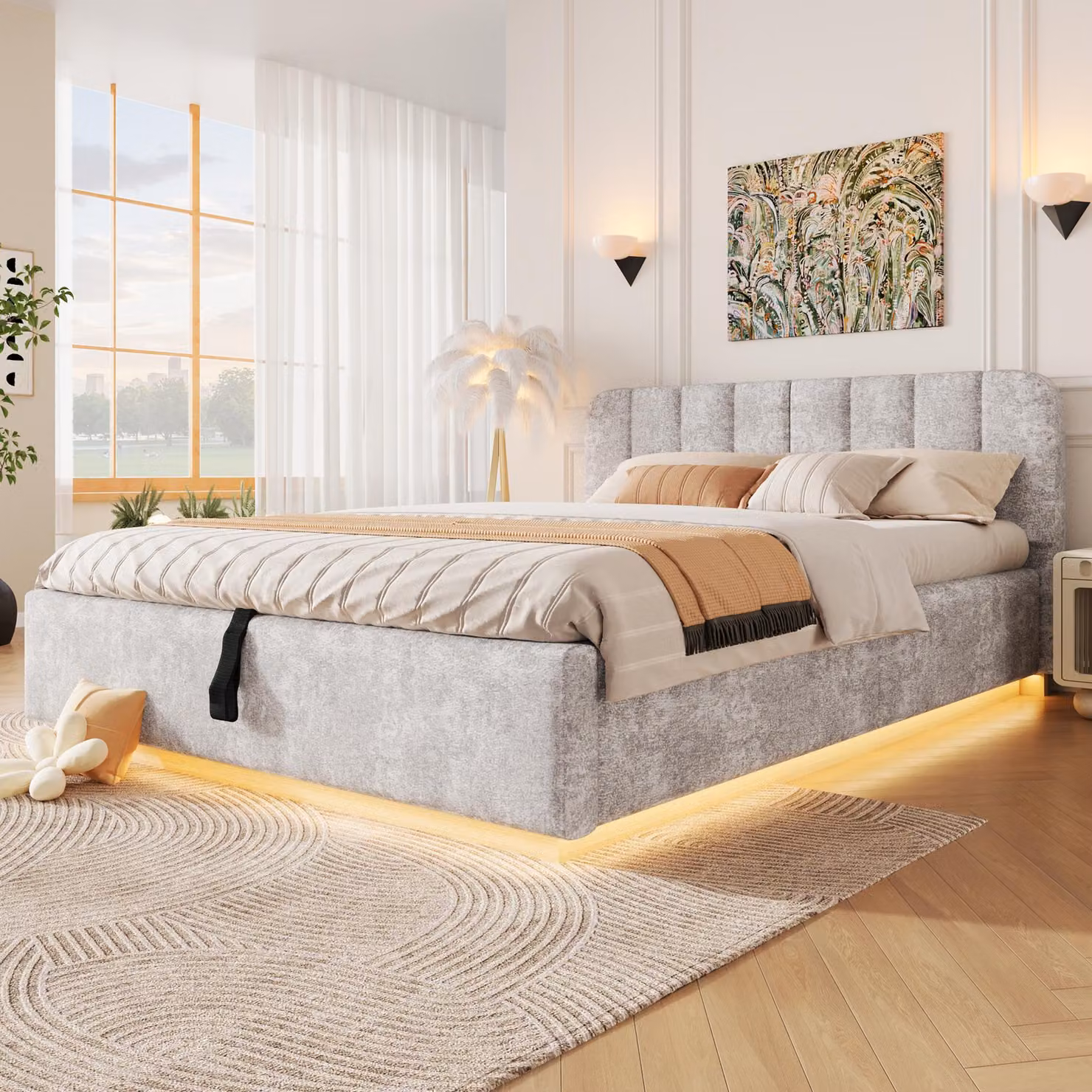 Letto imbottito idraulico Flieks, 140x200 cm, rivestito in ecopelle, con contenitore a sollevamento idraulico, letto matrimoniale con spazio contenitore, letto per ragazzi con rete a doghe, tessuto in microfibra, colore grigio chiaro