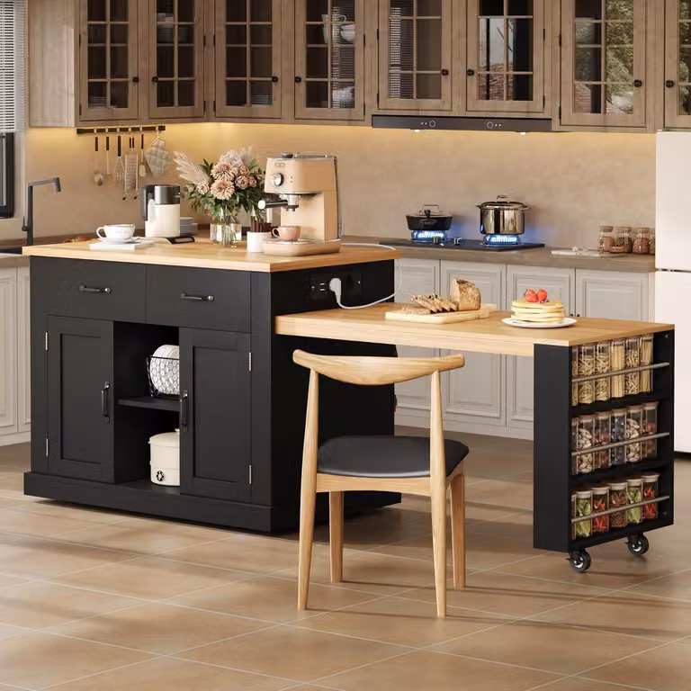 Isola da cucina con ruote e tavolo allungabile, dimensioni 132(235)x60x93 cm, colore nero e finitura naturale