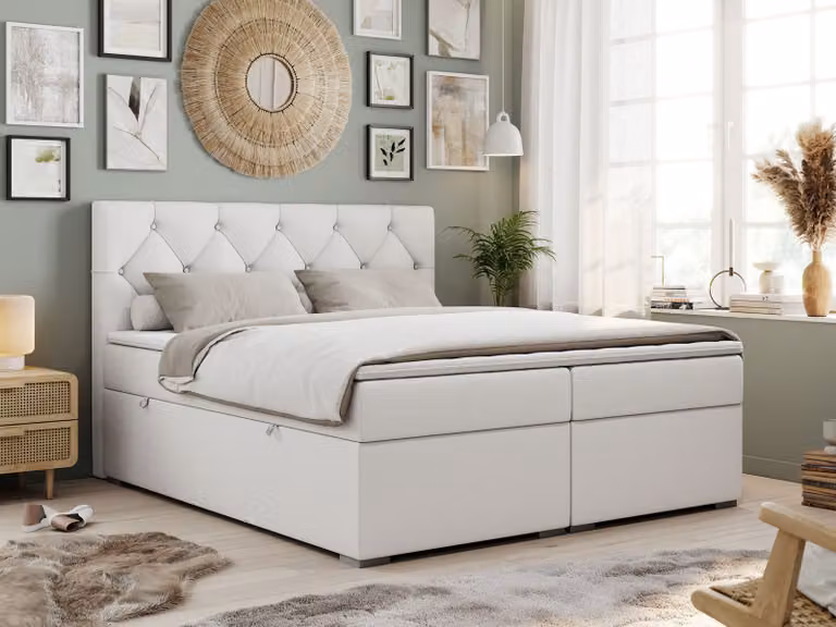 Boxspring con testiera trapuntata ALDA - 140x200 cm - Materasso multipocket H3 | Ecopelle bianca - Topper T25