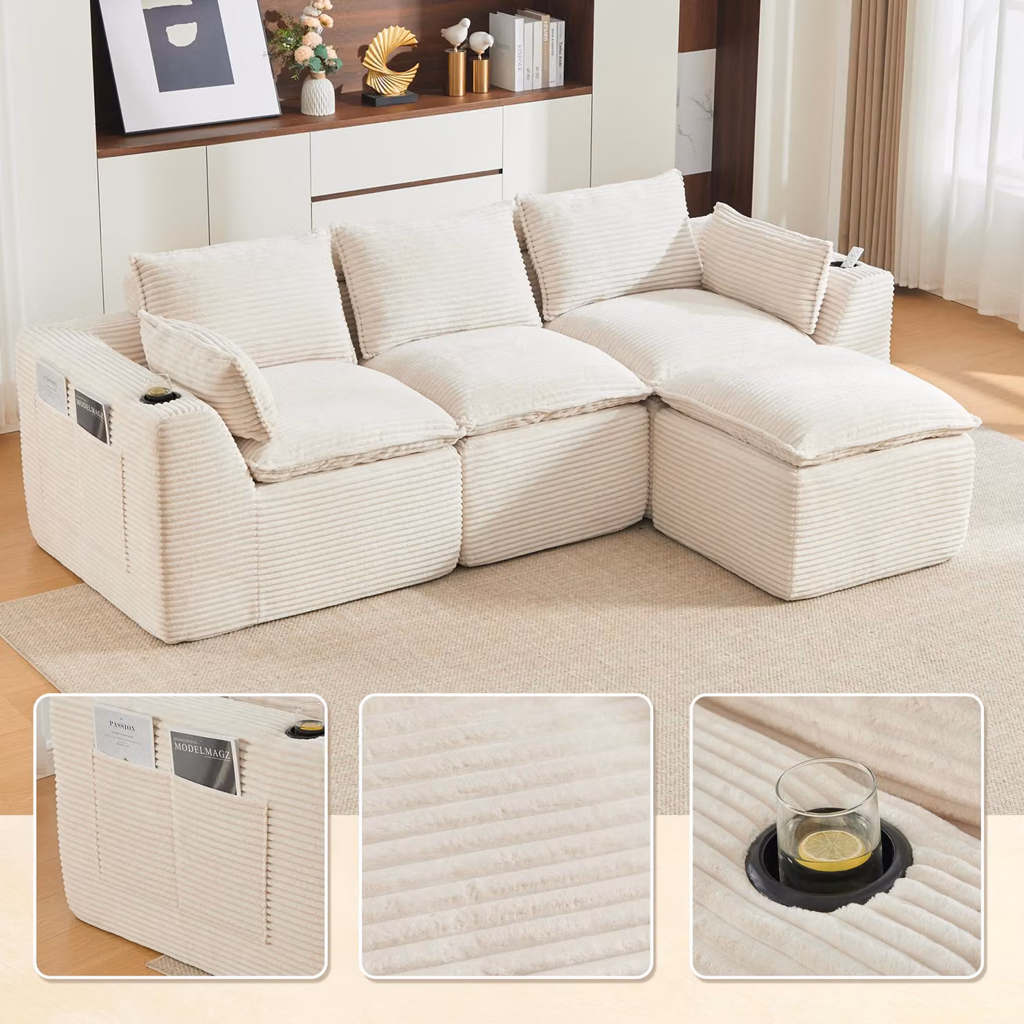 Divano modulare a 3 posti, poggiapiedi, cuscini, portabicchieri, tasche laterali, imbottitura in schiuma e molle (colore kaki)