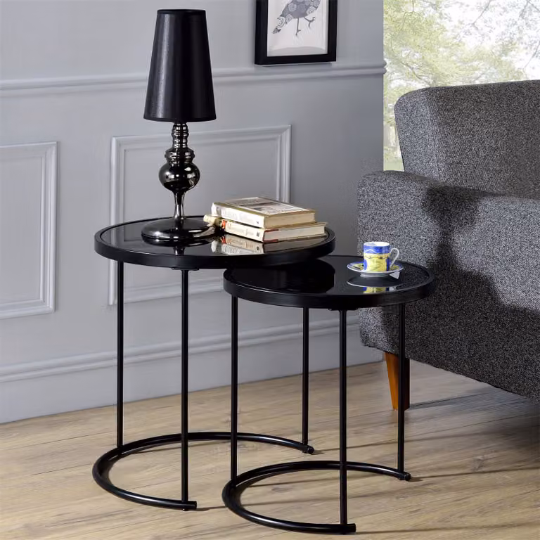 Set di 2 tavolini da salotto LEYRE, tavolini rotondi da salotto in set da 2 con piano in vetro nero, tavolini da salotto dal design moderno