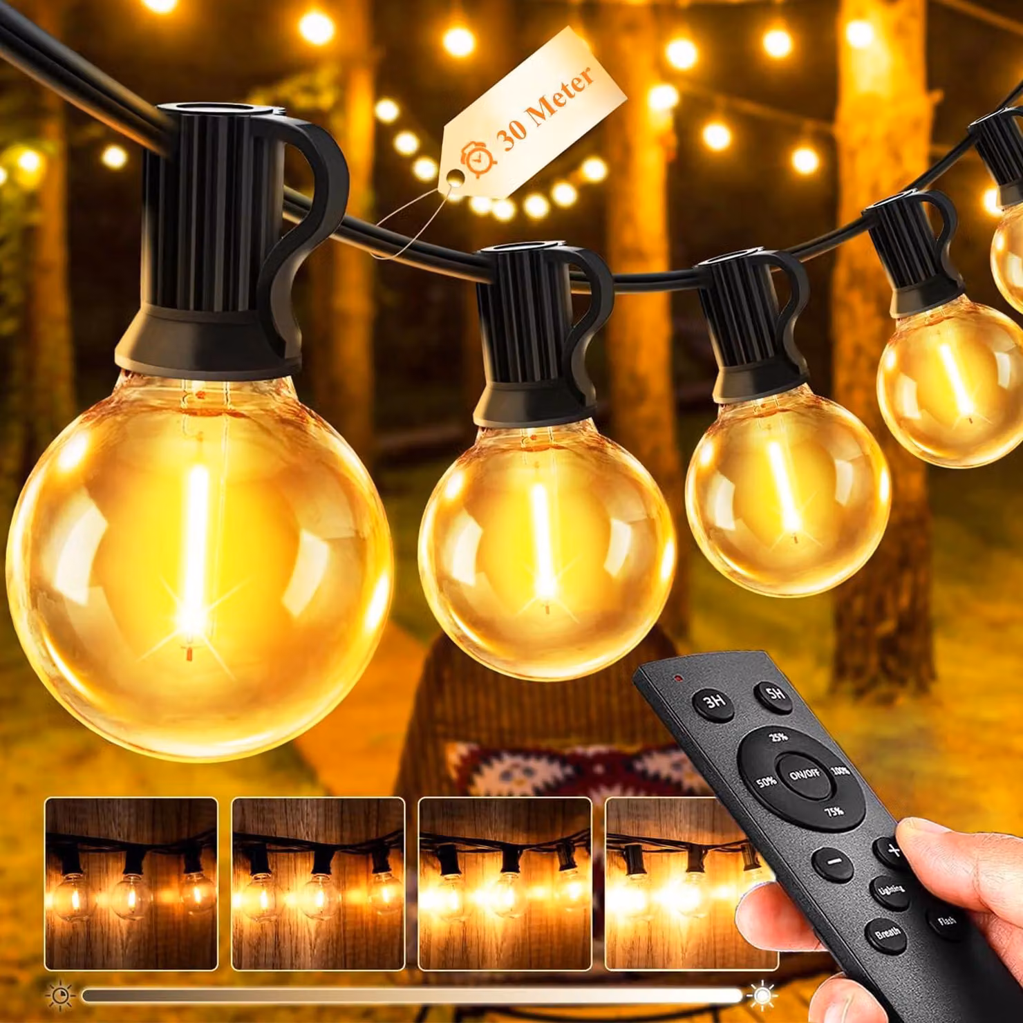 Catena luminosa da 30 metri, modello G40, con 40+2 LED, luce bianco caldo, dimmerabile, grado di protezione IP44