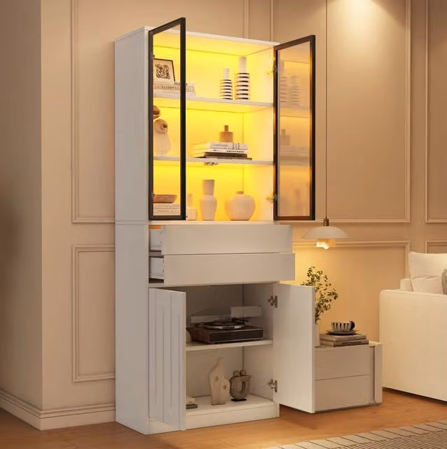 Vetrina alta 70x34x180 cm in truciolare bianco opaco con LED Bluetooth; 2 cassetti e ante in vetro