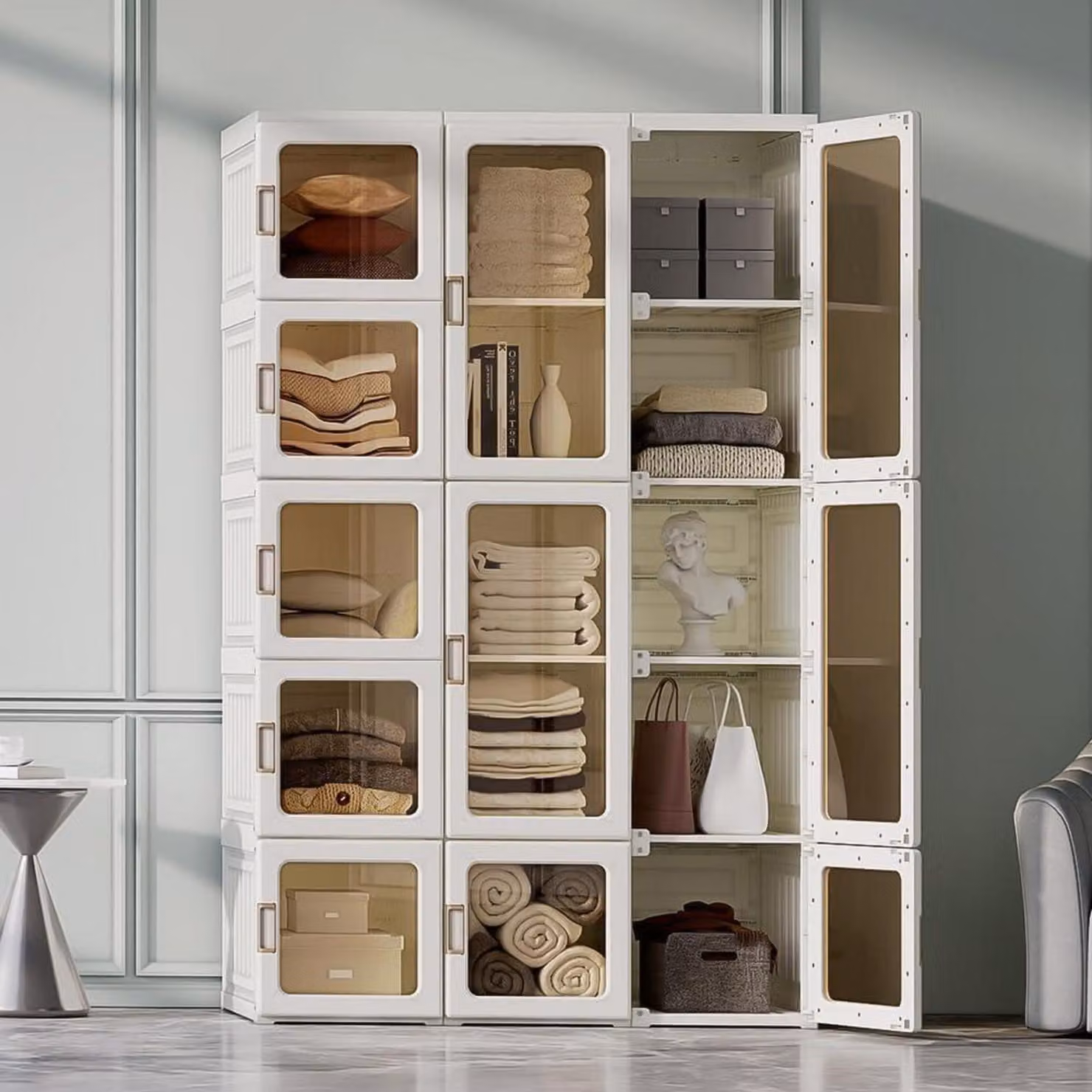 Armadio pieghevole, dimensioni 104 x 170 x 50 cm, colore bianco, con 11 ante magnetiche