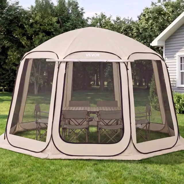 Tenda da Campeggio Trasparente a 8 Lati Beige 3660 x 3380 x 2300 mm per 10-12 Persone con Tendalino Esteso e Borsa per Giardino e Patio
