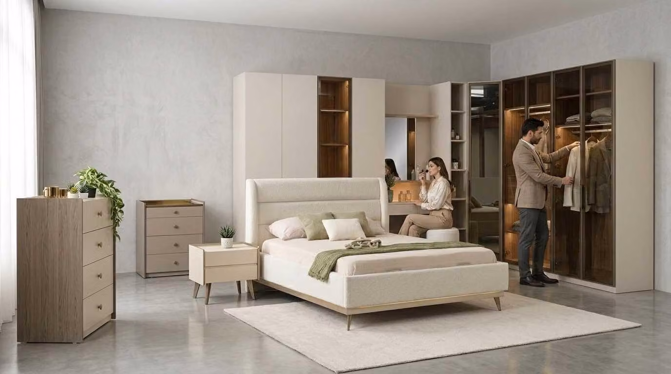 Set per camera da letto moderno: letto beige, comodini, armadio angolare