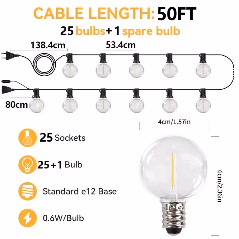Catena luminosa a LED - Lampadine sferiche G40 - 15,24 metri - 25 lampadine - Grado di protezione IP44 (resistente all'acqua) - 220 V - Spina europea - Adatta per uso esterno
