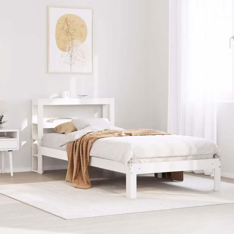 vidaXL Letto con Testiera in Legno Massello di Pino Bianco con Ripiani Laterali e Stile Rustico