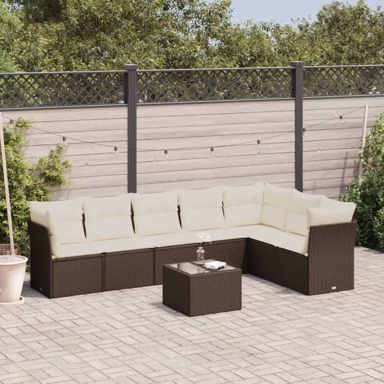 vidaXL Set Divani da Giardino a L 8 pz con Tavolino da Esterno Marrone e Bianco con Cuscini e Struttura in Metallo