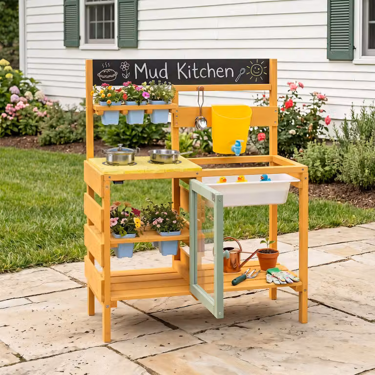 Cucina giocattolo da esterno in legno Costway per bambini con fornelli, lavagna, serbatoio, rubinetto e lavello rimovibile, multicolore
