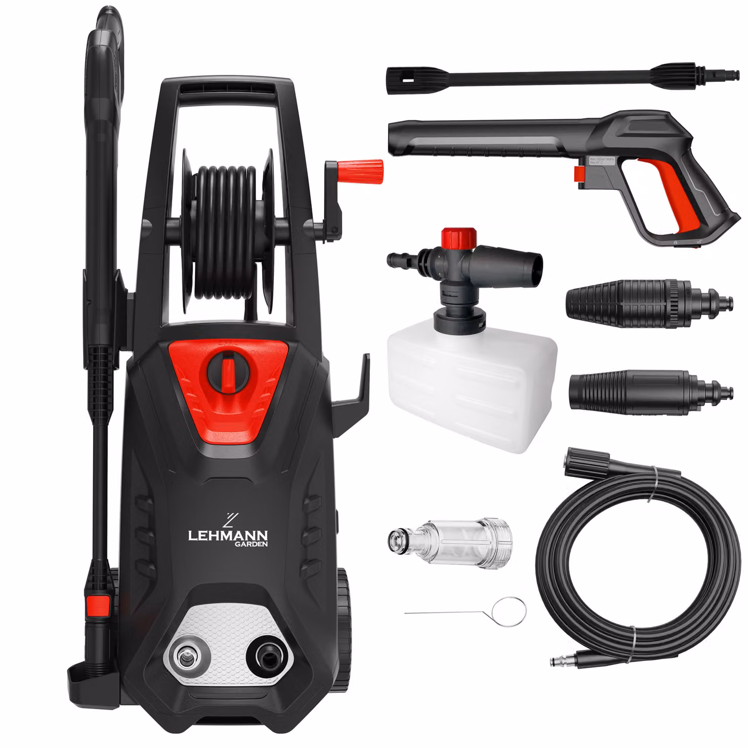 Idropulitrice Lehmann Hudson con pompa in alluminio, 450 l/h, 1800 W, 145 bar, incl. tubo flessibile da 5 metri, bottiglia di schiuma e due ugelli
