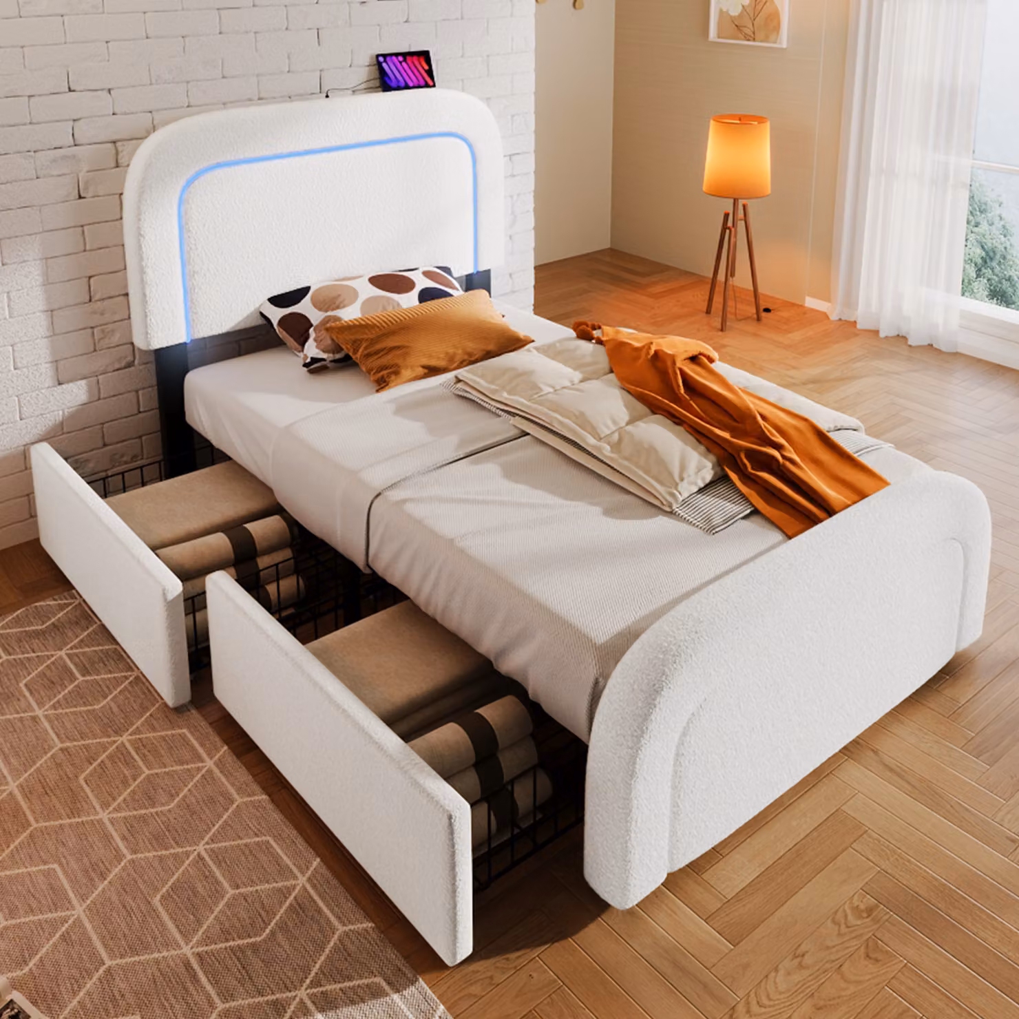 Letto imbottito Abrihome in tessuto sherpa con LED e funzione di ricarica USB tipo C, 2 cassetti, testiera regolabile in altezza, 90x200 cm, bianco