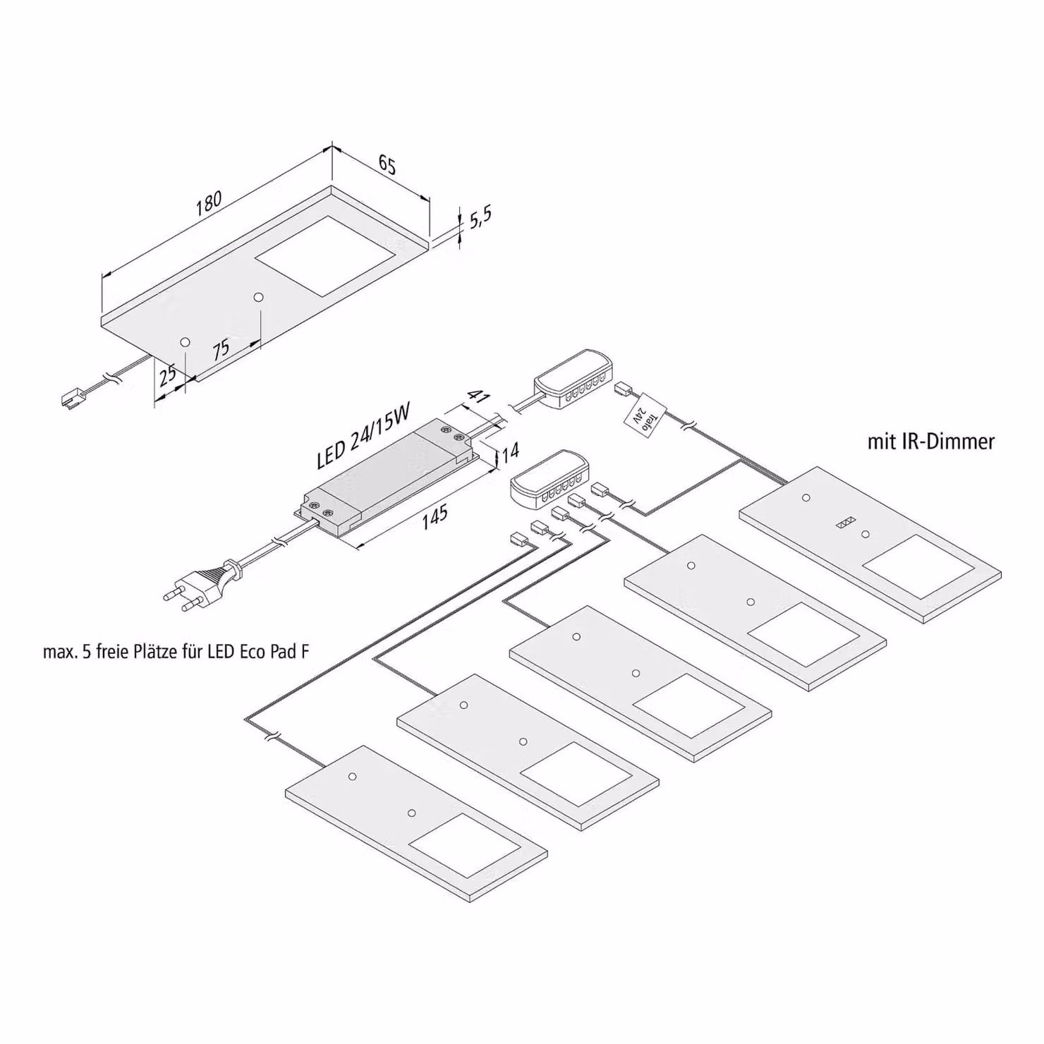 Hera Lampada LED mobili Eco-Pad F set 5x 3.000K nero F, dimmerabile, Nero, Cucina, Alluminio, Moderno, Lampade per mobili