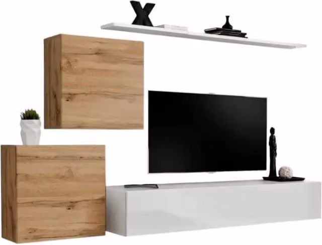 Composizione murale SWITCH V – Mobile TV e blocchi sospesi – Bianco lucido e quercia Wotan – Design moderno
