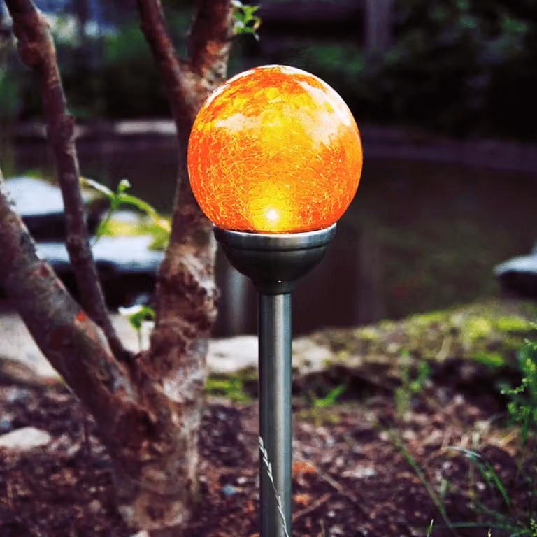 Globo solare a LED con ottica in vetro rotto - luce da giardino - H: 45cm - sensore crepuscolare - ambra