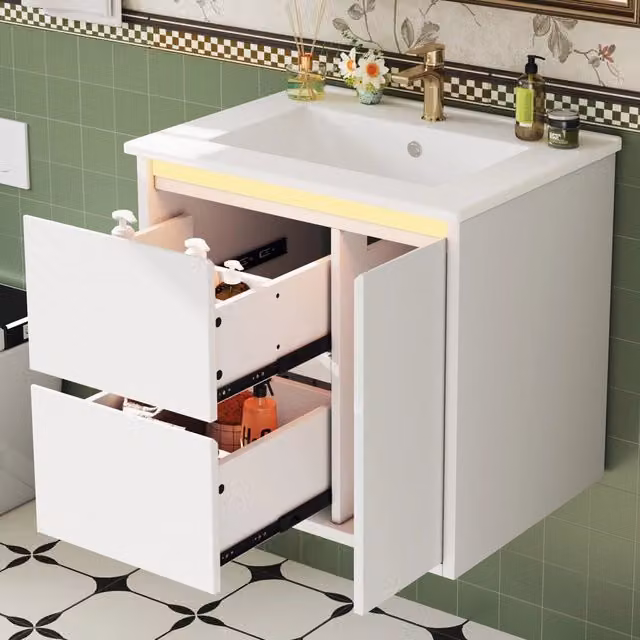 Mobile Sottolavabo Sospeso Minimal Bianco con Lavabo Integrato in Ceramica, Illuminazione LED e Chiusura Soft-Close, L: 61 cm, P: 46.5 cm, H: 57 cm