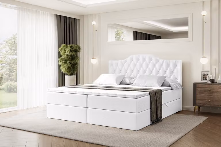 Letto boxspring ALTDECOR con materasso H4 e topper - 180 x 200 cm - VILA-1 - Pelle finta bianca - Letto imbottito con contenitore e rete a doghe, letto con spazio contenitivo