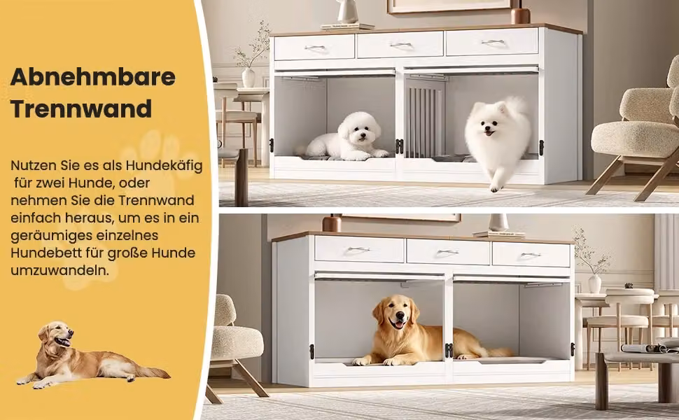 Cuccia per cani OKWISH in legno e metallo con porta ribaltabile, divisorio removibile e 3 cassetti, bianco effetto legno, L: 164 cm, P: 60 cm, H: 81 cm – 2