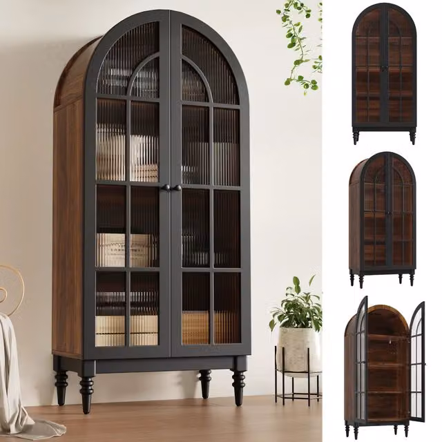 Armadio alto ad arco con ante in vetro, effetto legno, mobile contenitore da cucina e soggiorno