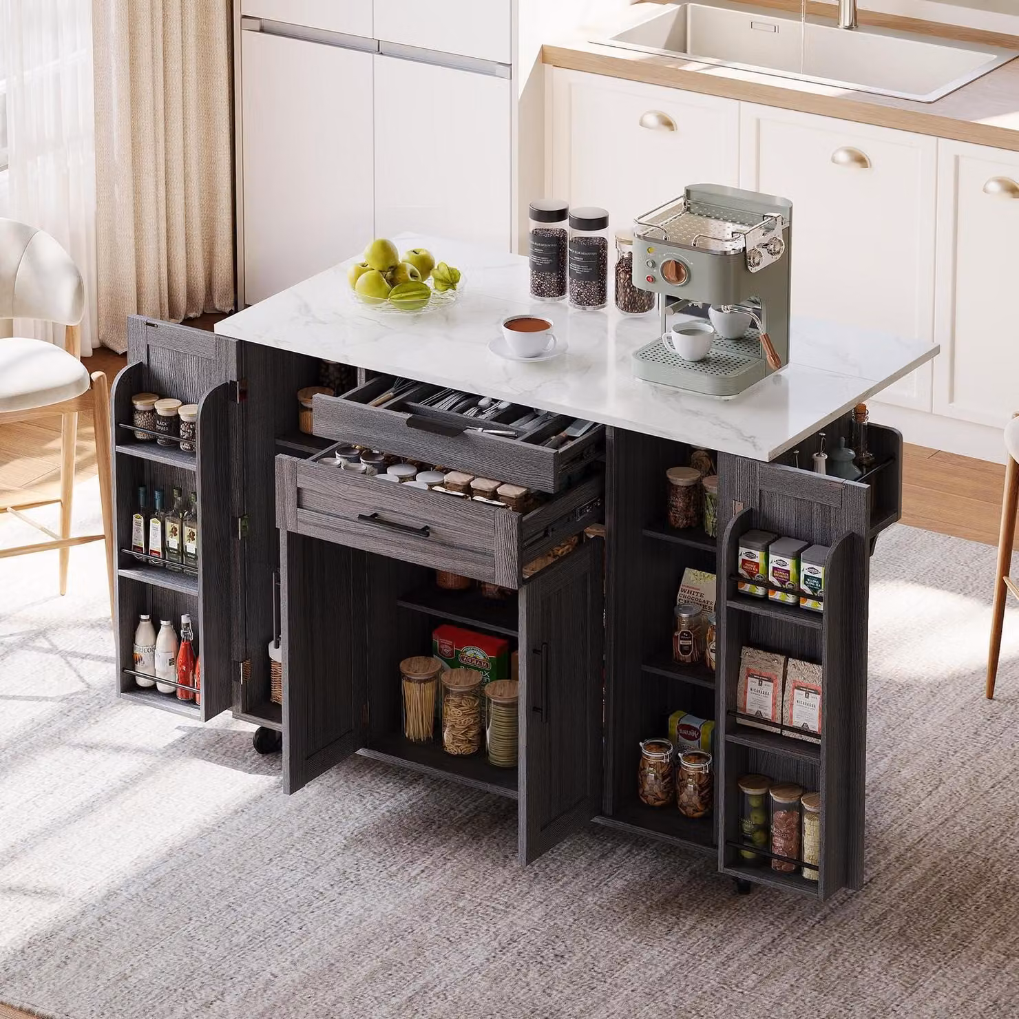 Carrello da cucina con piano di lavoro pieghevole, 2 cassetti, ripiano per le spezie, portasciugamani, colore grigio