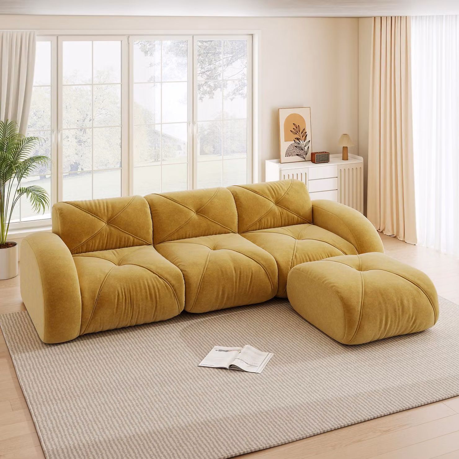 Poltrona a forma di L, divano modulare, divano a 3 posti, senza necessità di montaggio, antiscivolo, con poggiapiedi (giallo)